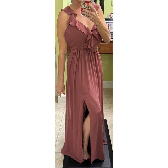 Revelry bridesmaid 2 mauve dusty rose maxi formal dress v neck chiffon flutter - Picture 4 of 11